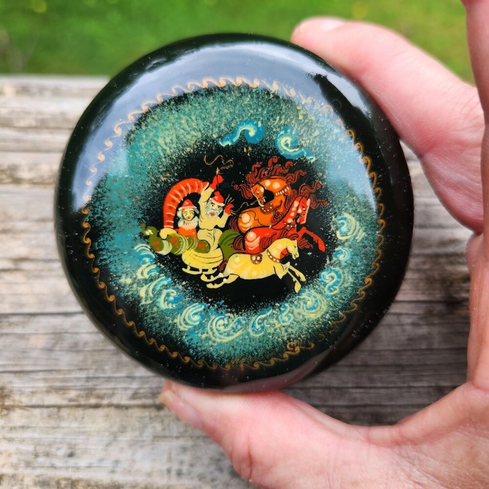 Vintage Palekh Russian one of a kind signed Lacquer Box With Hand-Painted Folk H